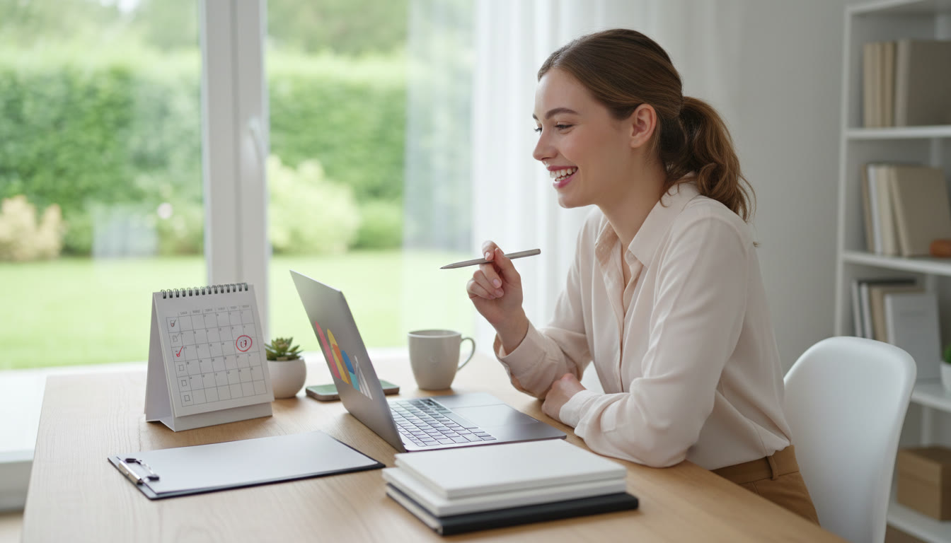 Photo Idea : Student at a tidy desk with laptop, checklist, and a small calendar showing three days circled