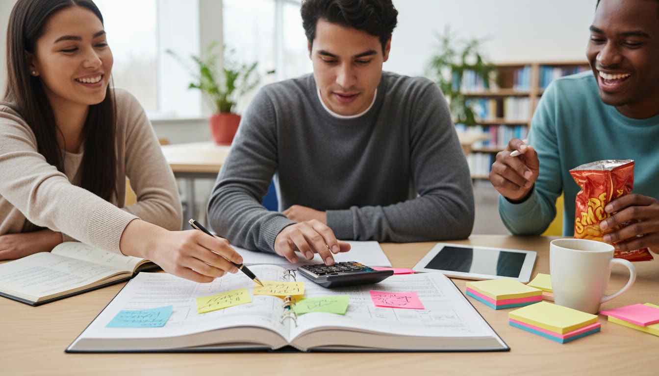 Photo Idea : Student annotating a printed business case study with colorful sticky notes and a calculator nearby