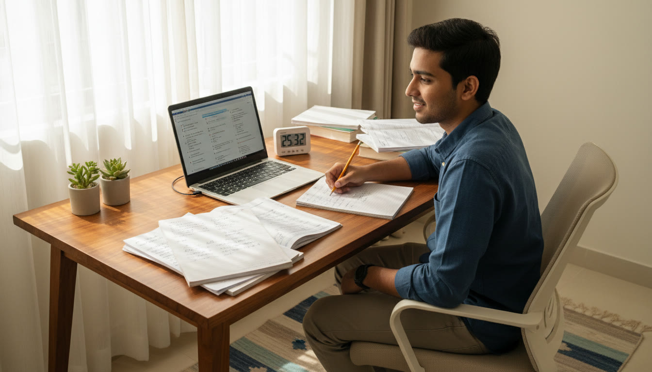 Photo Idea : A student using a timer and scratch pad while practicing sectional tests on a laptop, with notebooks and solved problem sheets around.