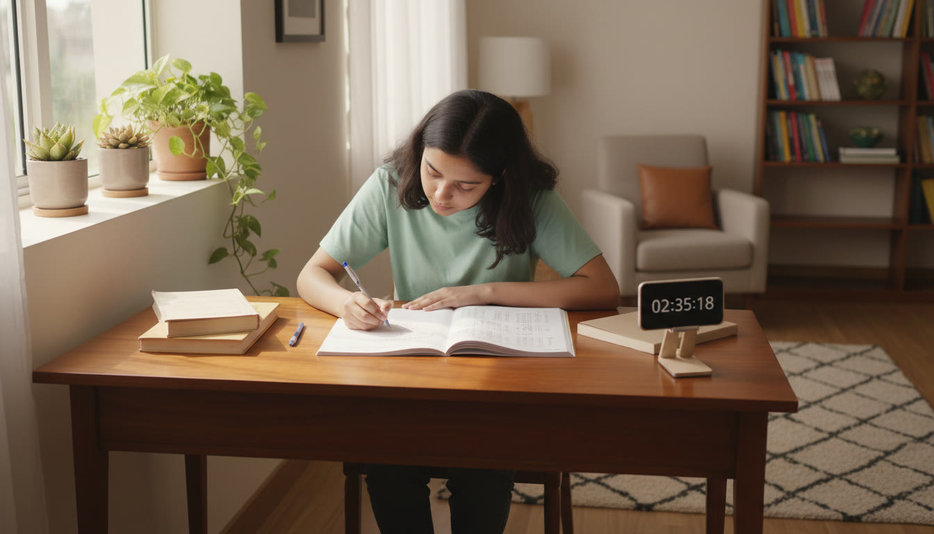 Photo Idea : A focused student at a desk taking a full-length mock test, timer visible on phone