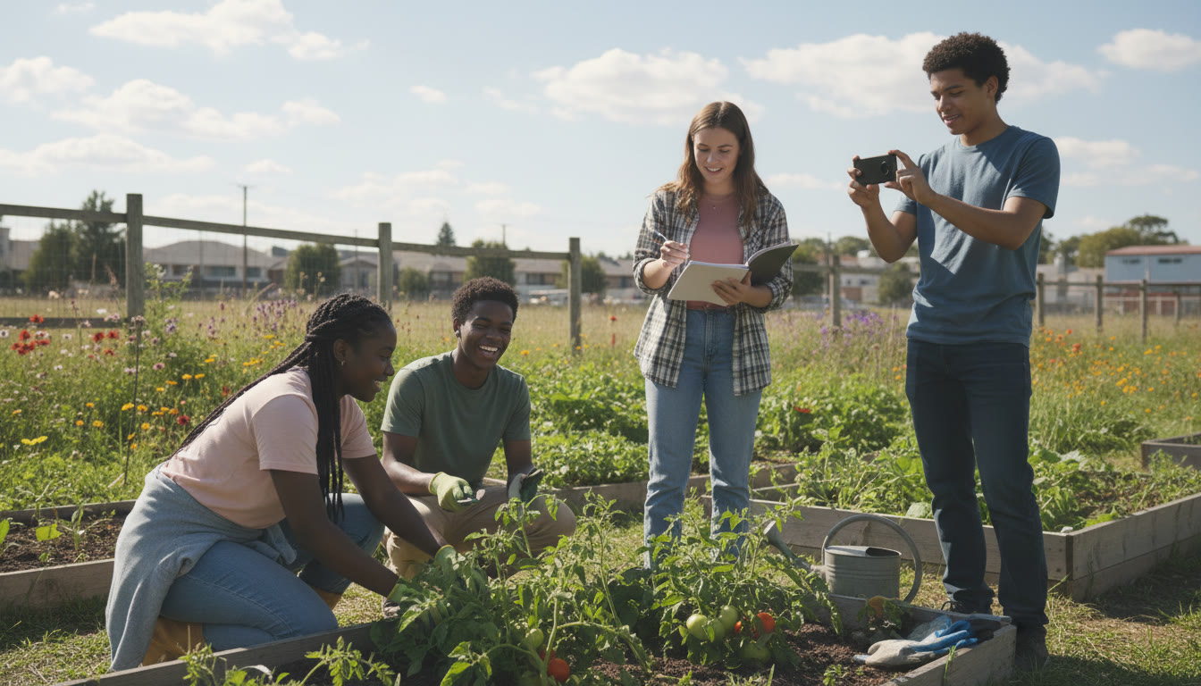 Photo Idea : small group of students volunteering outdoors, documenting their work with a notebook and phone camera
