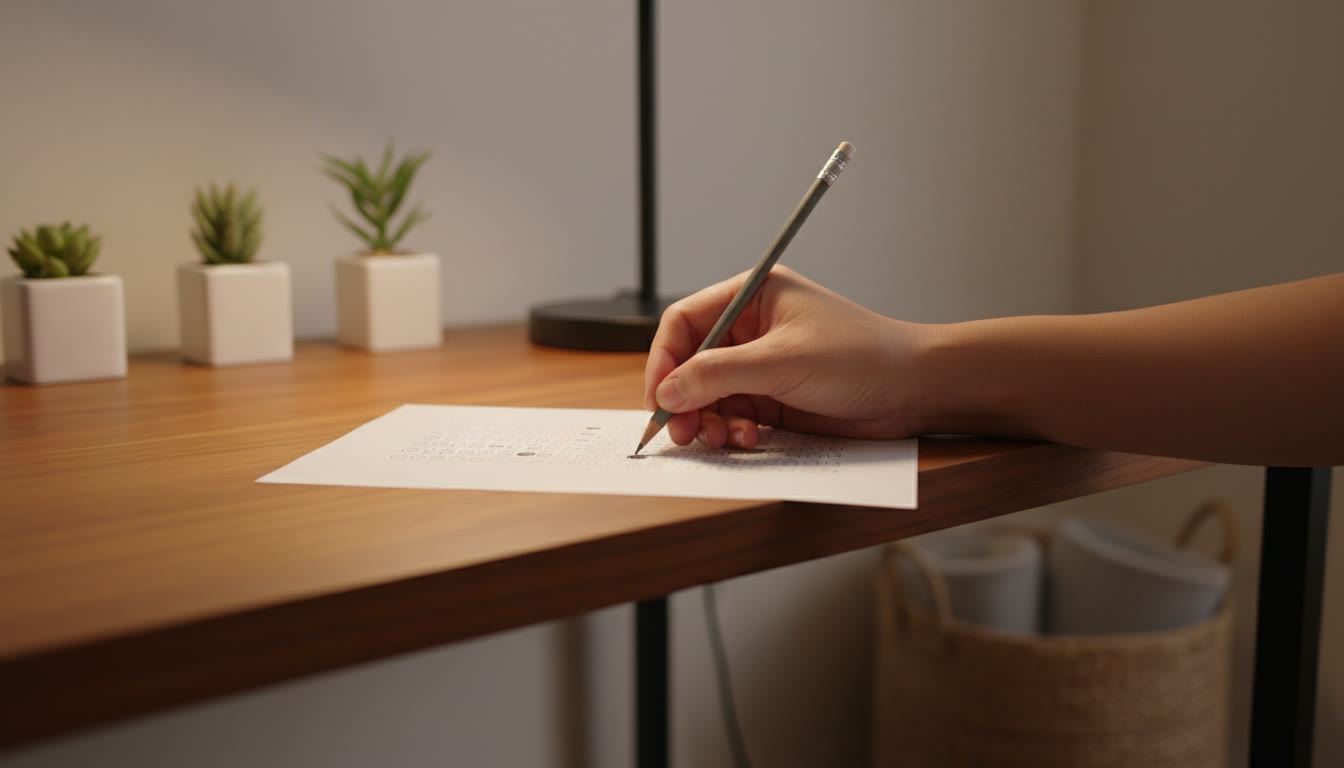 Photo Idea : Close-up of a hand carefully darkening an OMR bubble with a pencil under bright desk light