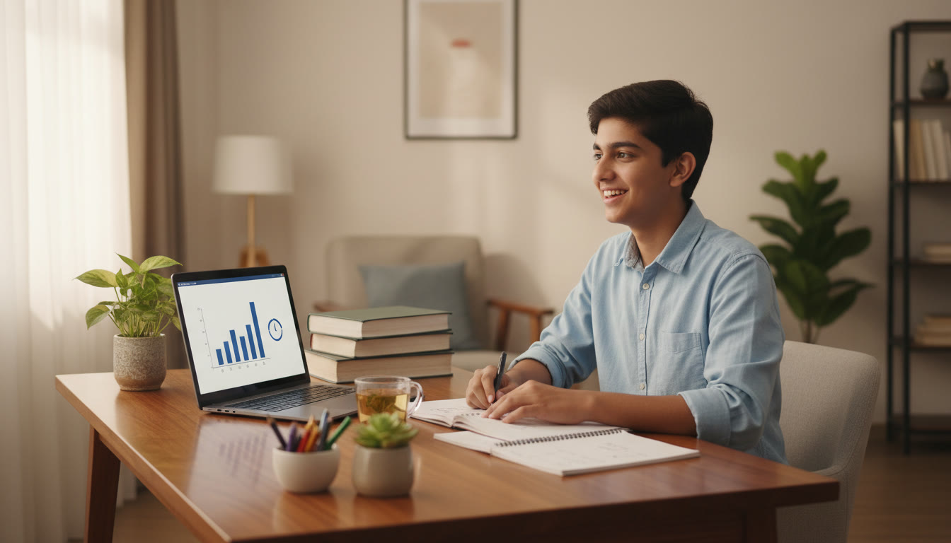 Photo Idea : A focused student at a desk with textbooks and a laptop showing a mock test timer