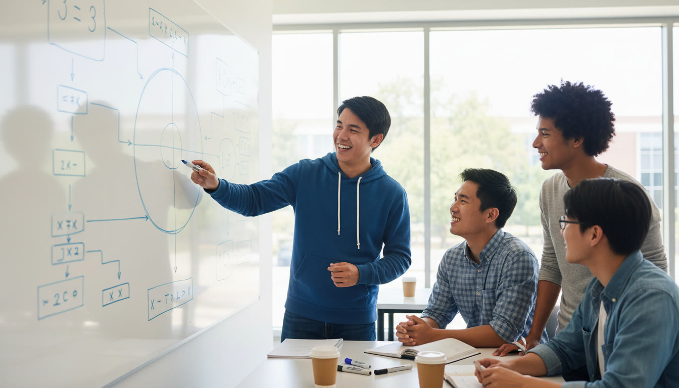 Photo Idea : A whiteboard covered in flowcharts and pseudocode with a student pointing at a diagram