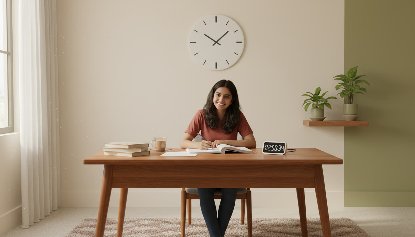 Photo Idea : A focused student sitting at a wooden desk doing a timed 3-hour mock paper, a wall clock visible nearby