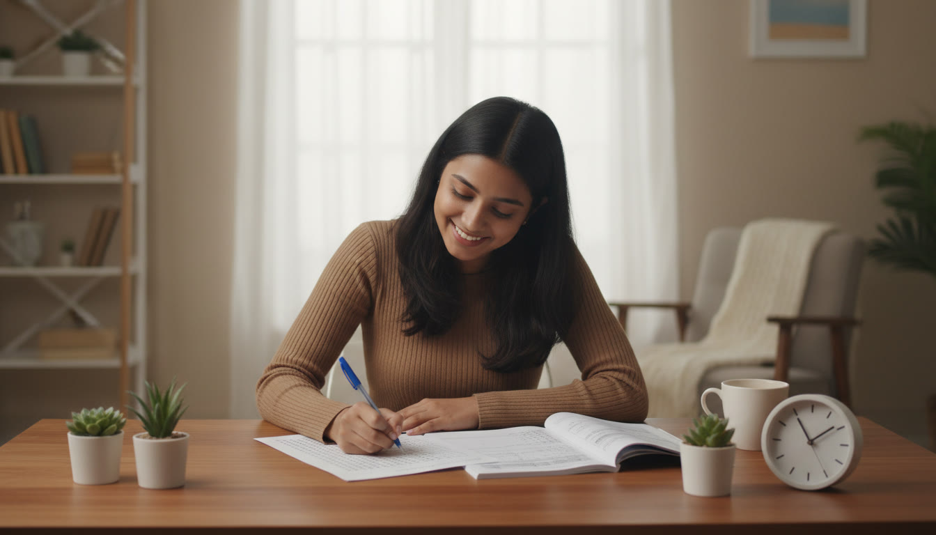 Photo Idea : Mock-test scene with a student filling an OMR sheet under exam-like lighting