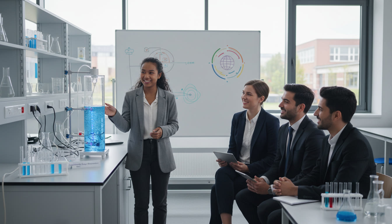 Photo Idea : A student presenting an IB DP science project to a small panel of university interviewers