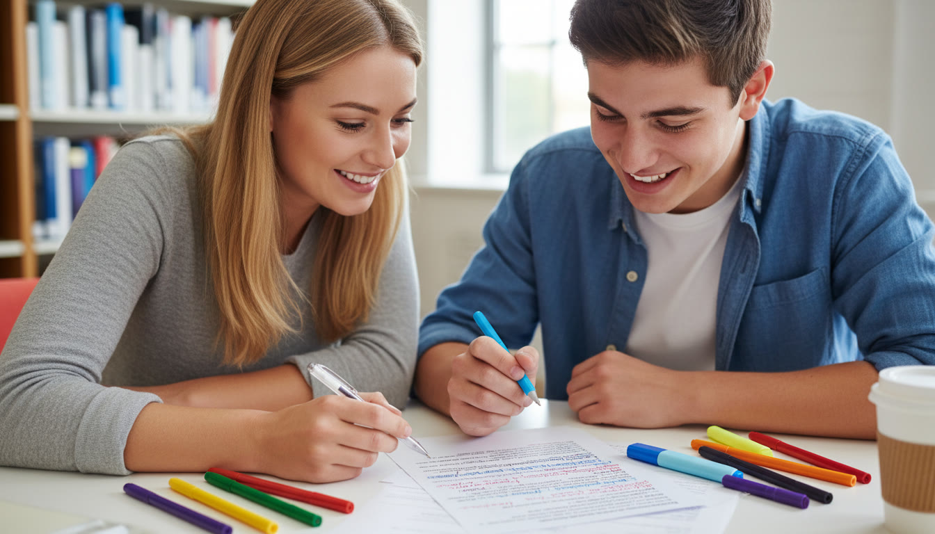Photo Idea : Close-up of a tutor and student reviewing a printed TOK essay with annotations and coloured pens