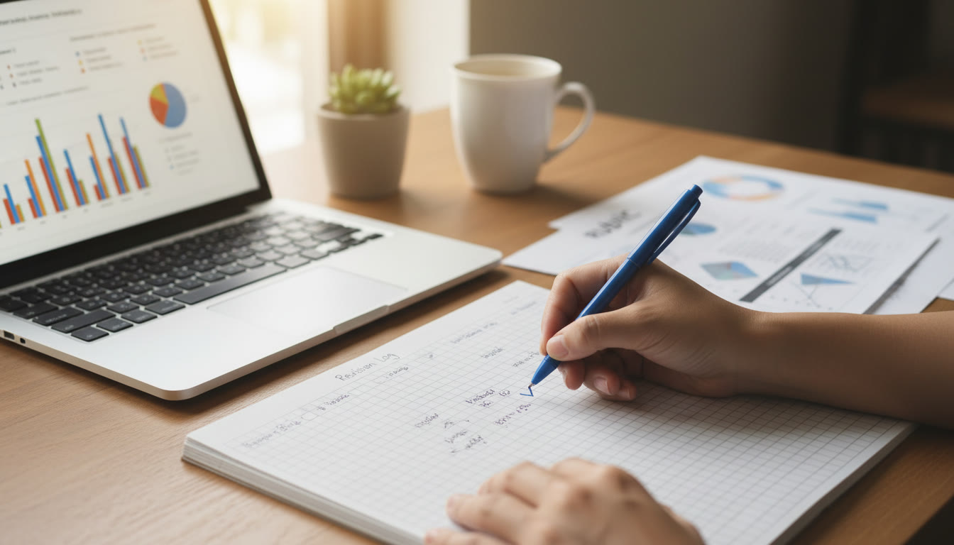 Photo Idea : Close-up of a hand marking a revision log on a desk surrounded by a laptop and a printed rubric