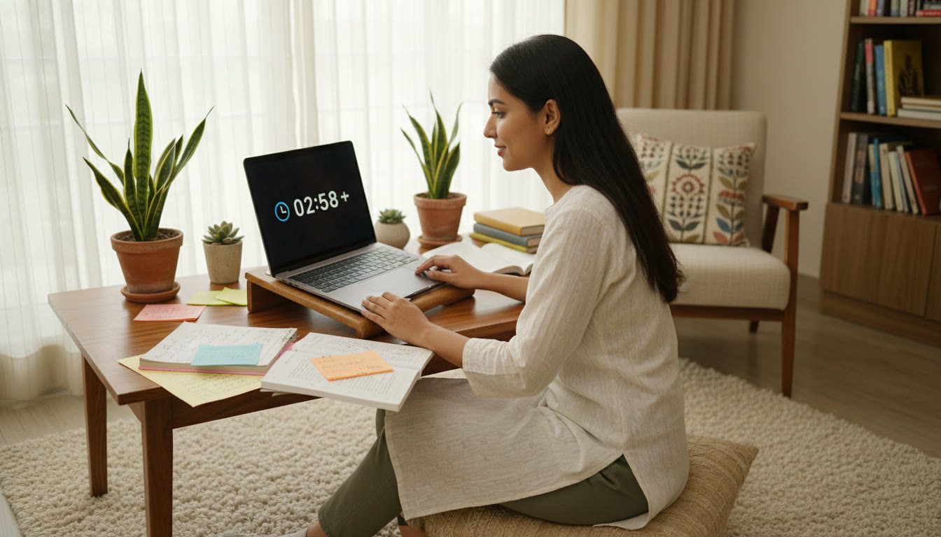 Photo Idea : A focused student taking a full-length mock test on a laptop with a visible countdown timer and scattered notes