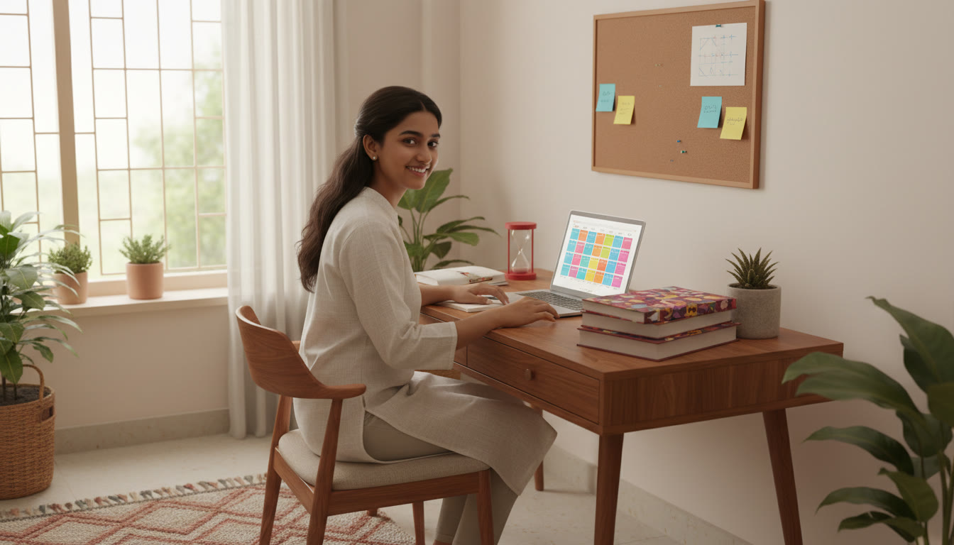 Photo Idea : A focused student at a neat desk with NEET books, a laptop showing a study plan, sticky notes and a kitchen timer