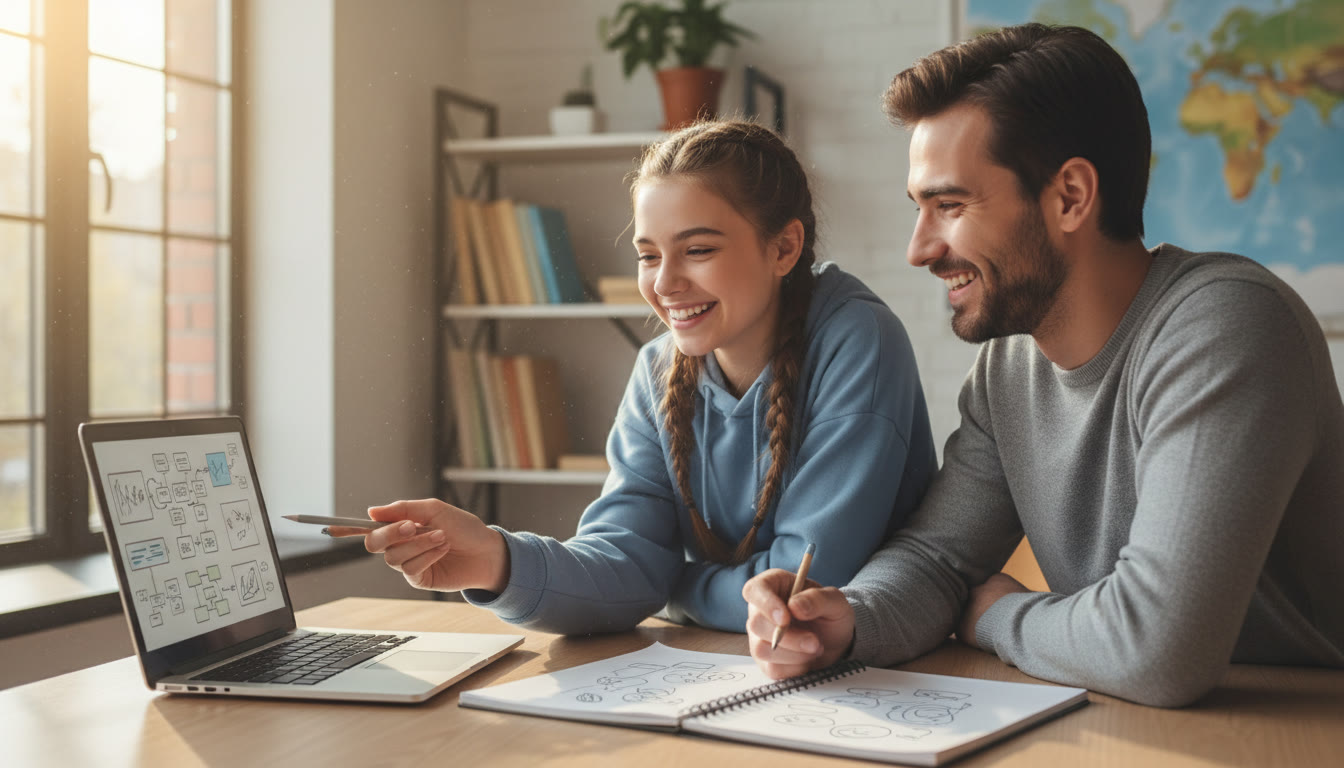 Photo Idea : student and tutor leaning over a laptop, sketching a plan on a notebook