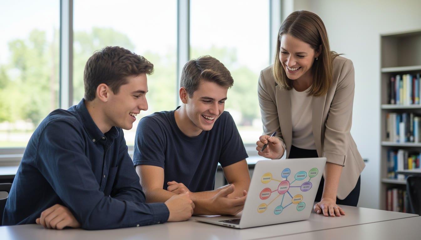 Photo Idea : Two students discussing a career scorecard on a laptop while a teacher points at their subject choices