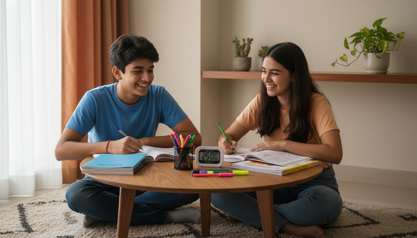 Photo Idea : Two students studying together at a small table with open textbooks, notebooks and a timer