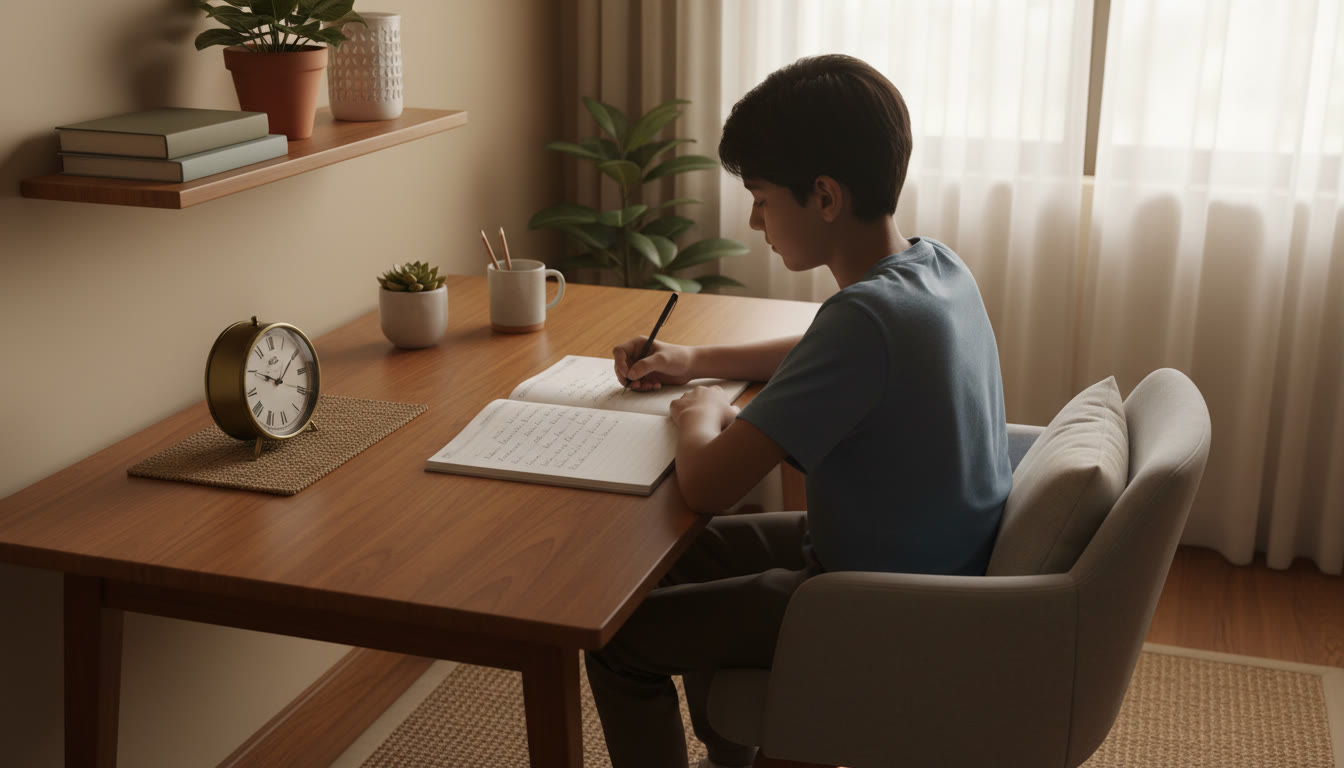 Photo Idea : Student writing answers in neat handwriting at a desk with an open notebook and a clock beside it