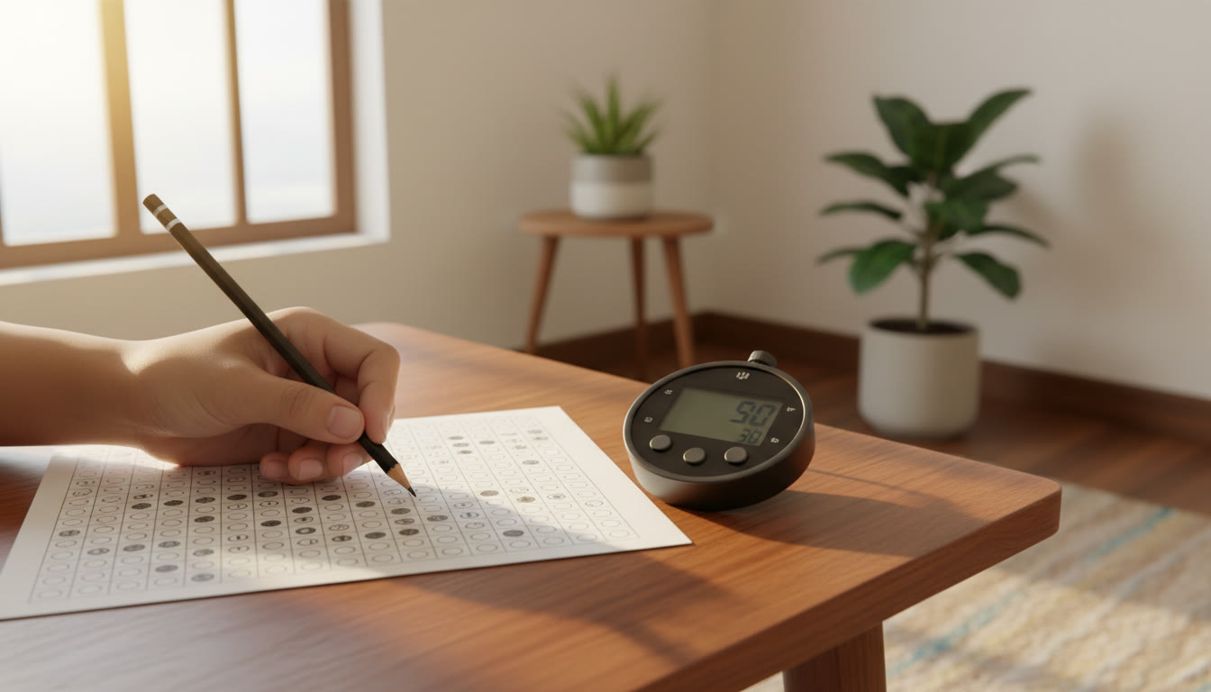 Photo Idea : Close-up of a hand shading answers on an OMR sheet with a stopwatch nearby