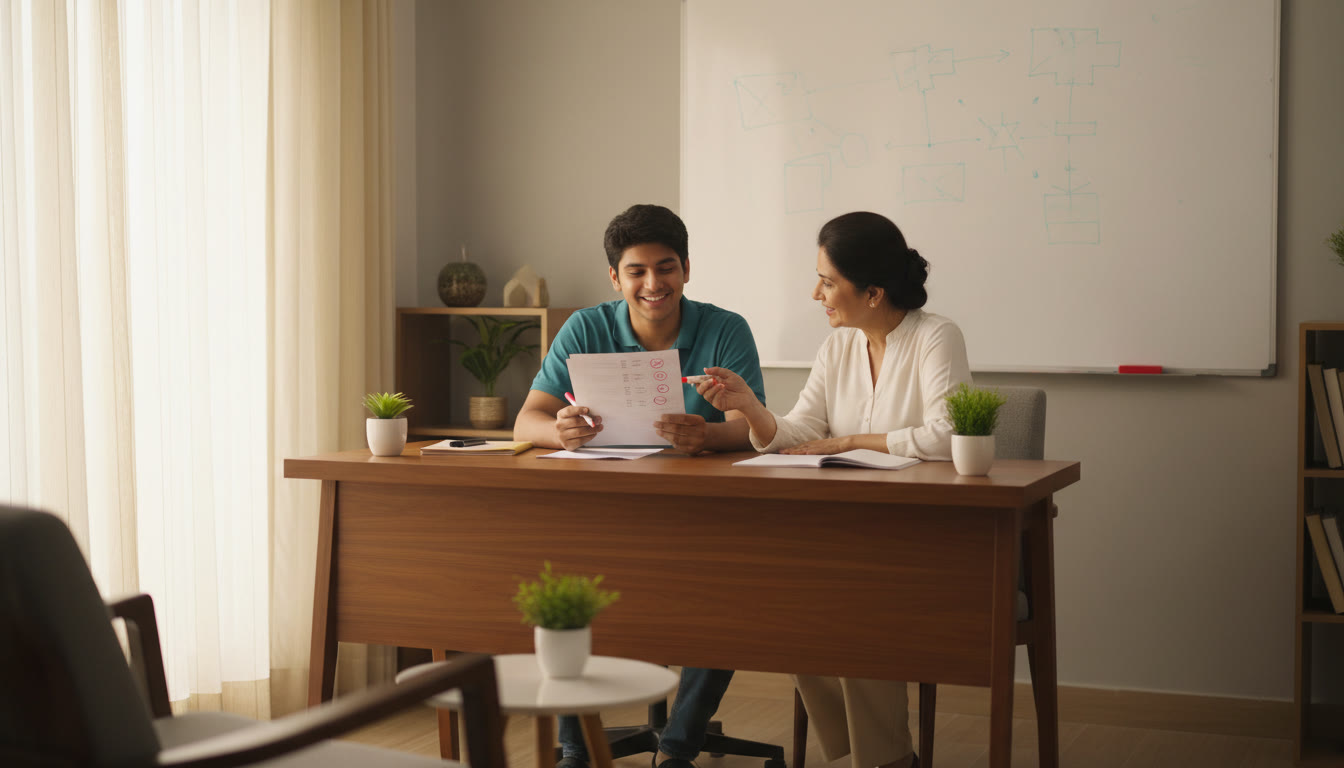 Photo Idea : A student analyzing a mock test paper with a mentor and marking weak topics on a whiteboard