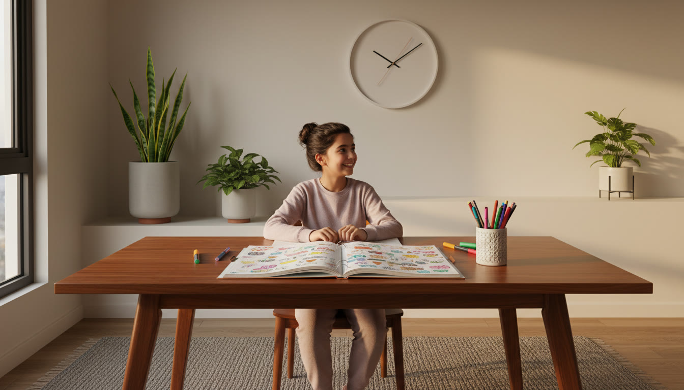 Photo Idea : Student at a tidy desk with a planner, colored pens, and a wall clock showing focused study time