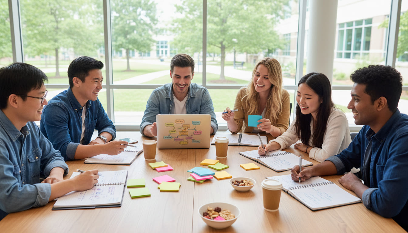 Photo Idea : A diverse group of students gathered around a table with planners, sticky notes, and a laptop mapping a community fundraiser