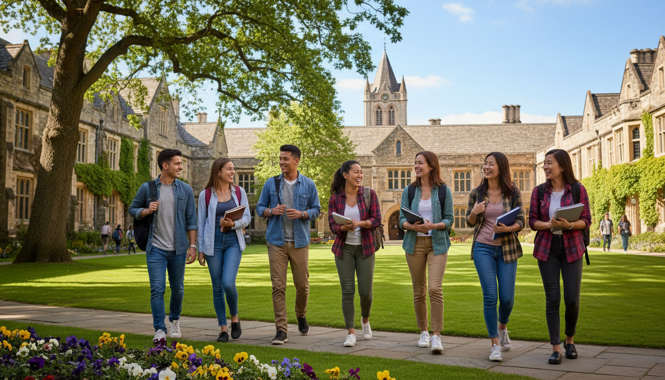 Photo Idea : A diverse group of students walking on a university quad with historic buildings