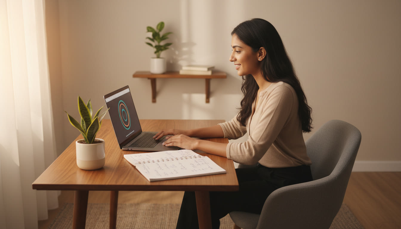 Photo Idea : A focused student at a desk with a laptop showing a mock test timer and a notebook filled with formulae
