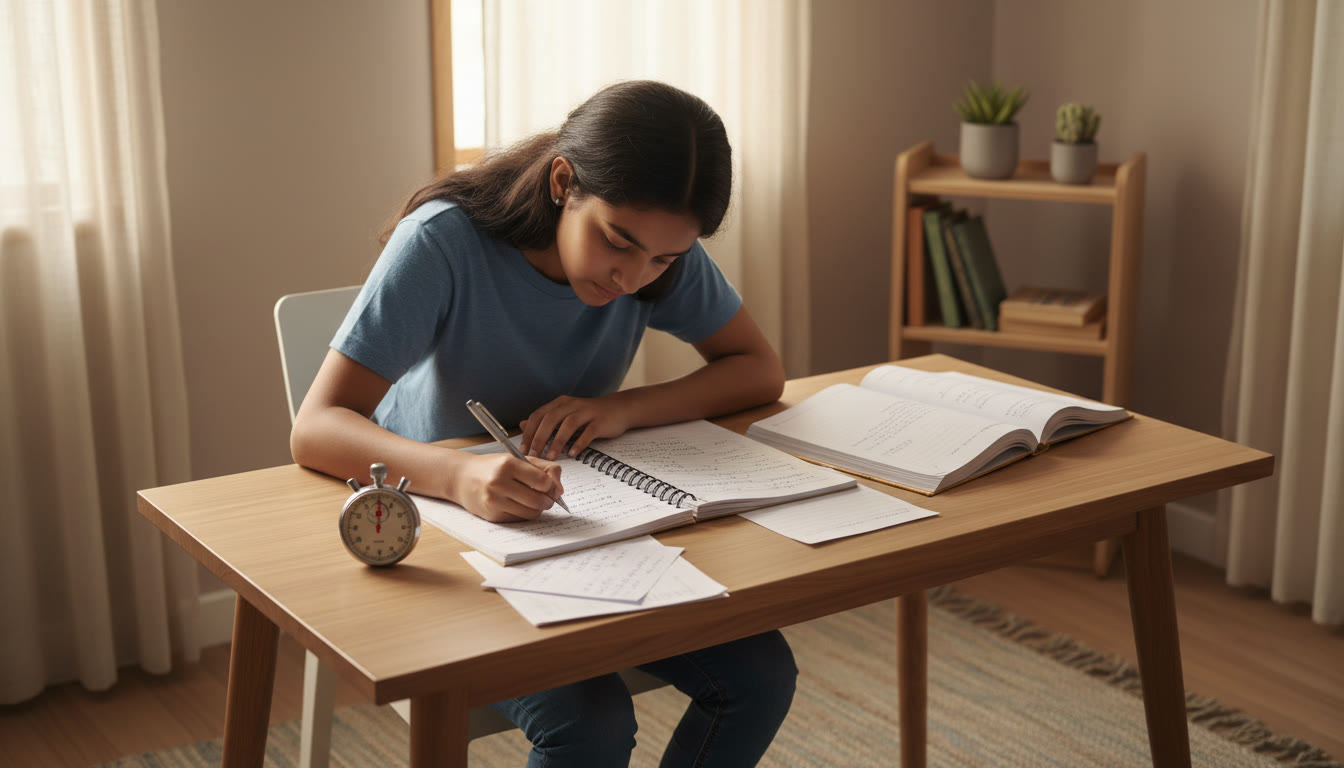 Photo Idea : A focused student taking a timed full-length mock test with a stopwatch and scribbled answer booklet nearby