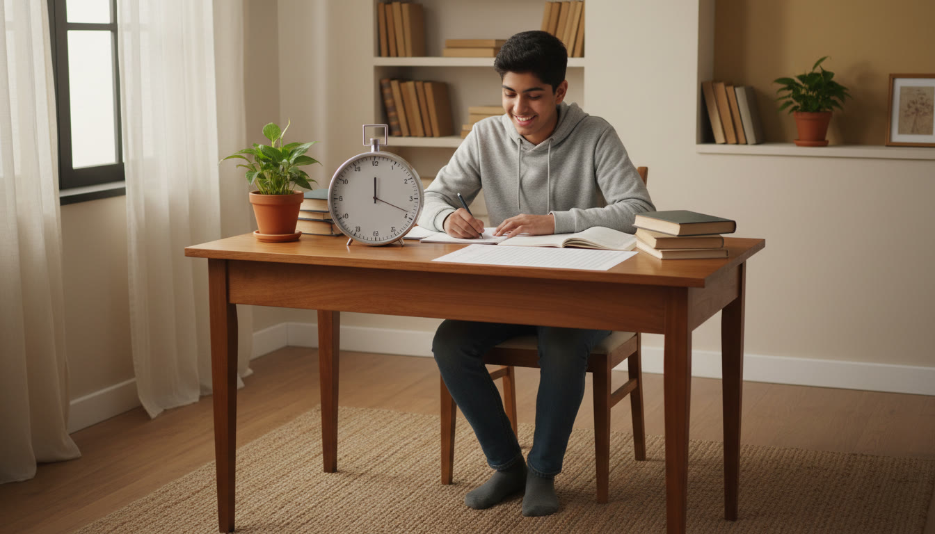 Photo Idea : A student taking a full-length mock test at a desk with a timer and answer sheet
