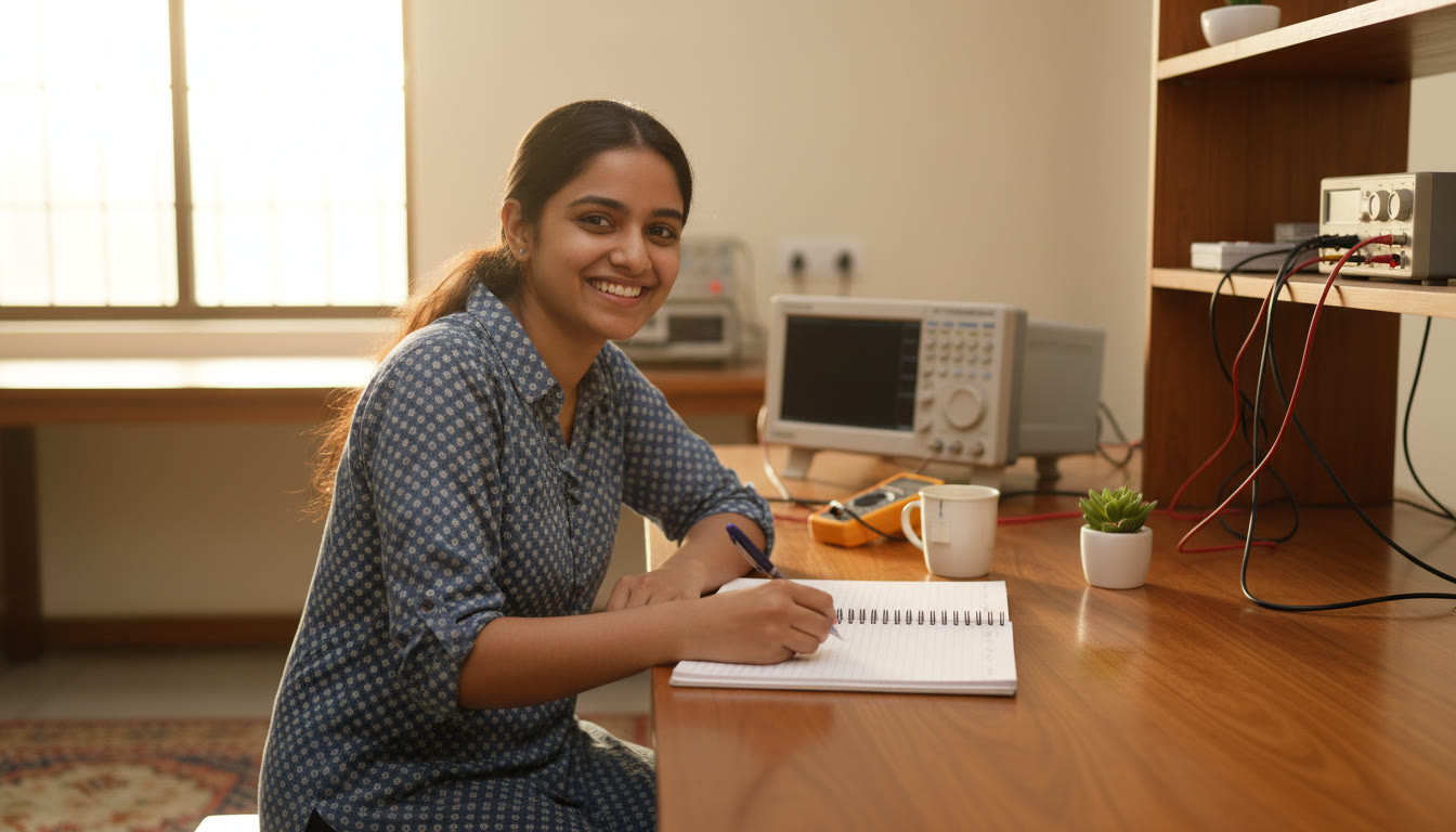 Photo Idea : A student neatly writing entries in a practical file at a lab bench with instruments in the background