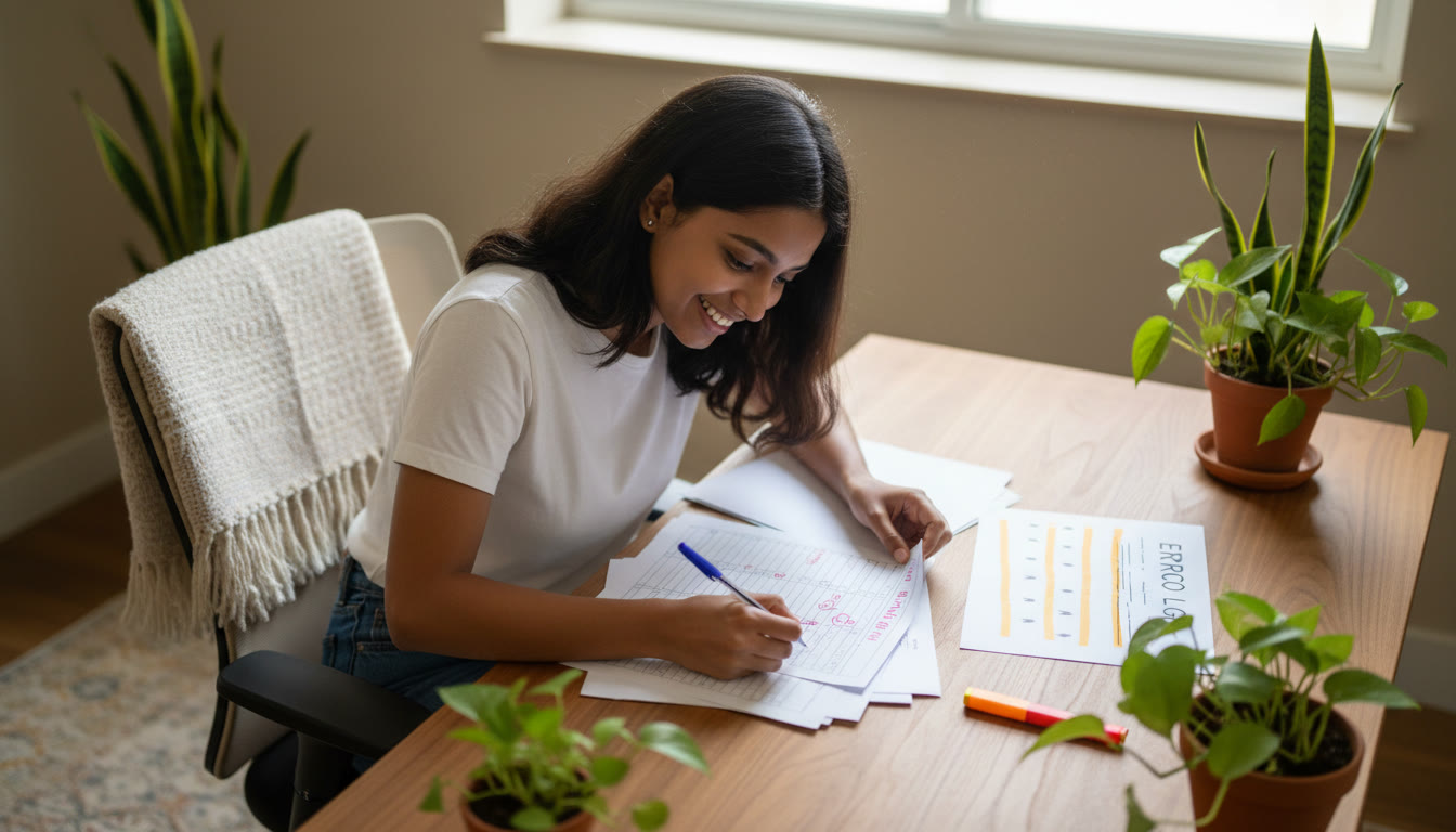 Photo Idea : Student analysing a marked mock paper with a pen and a highlighted error log