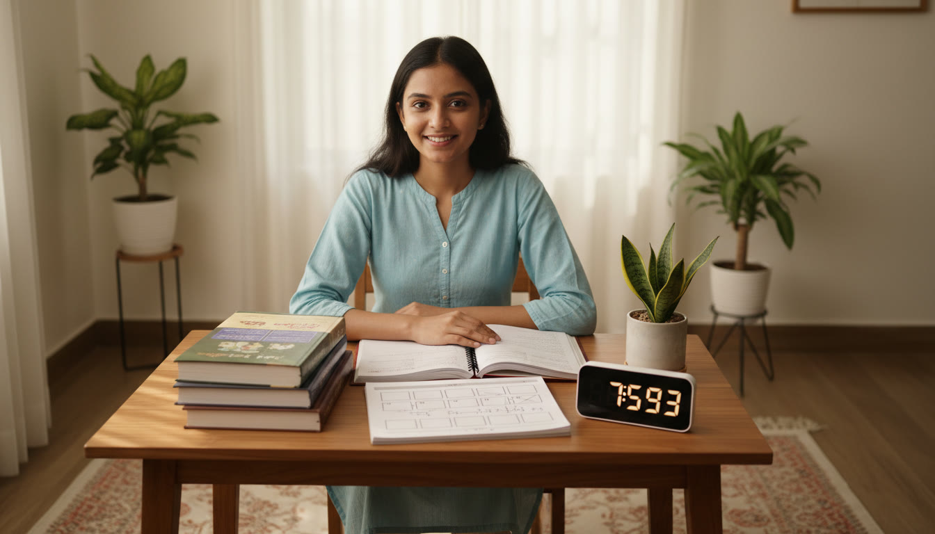 Photo Idea : A focused student at a simple desk with ISC textbooks, a neat handwritten study plan, and a digital timer running.