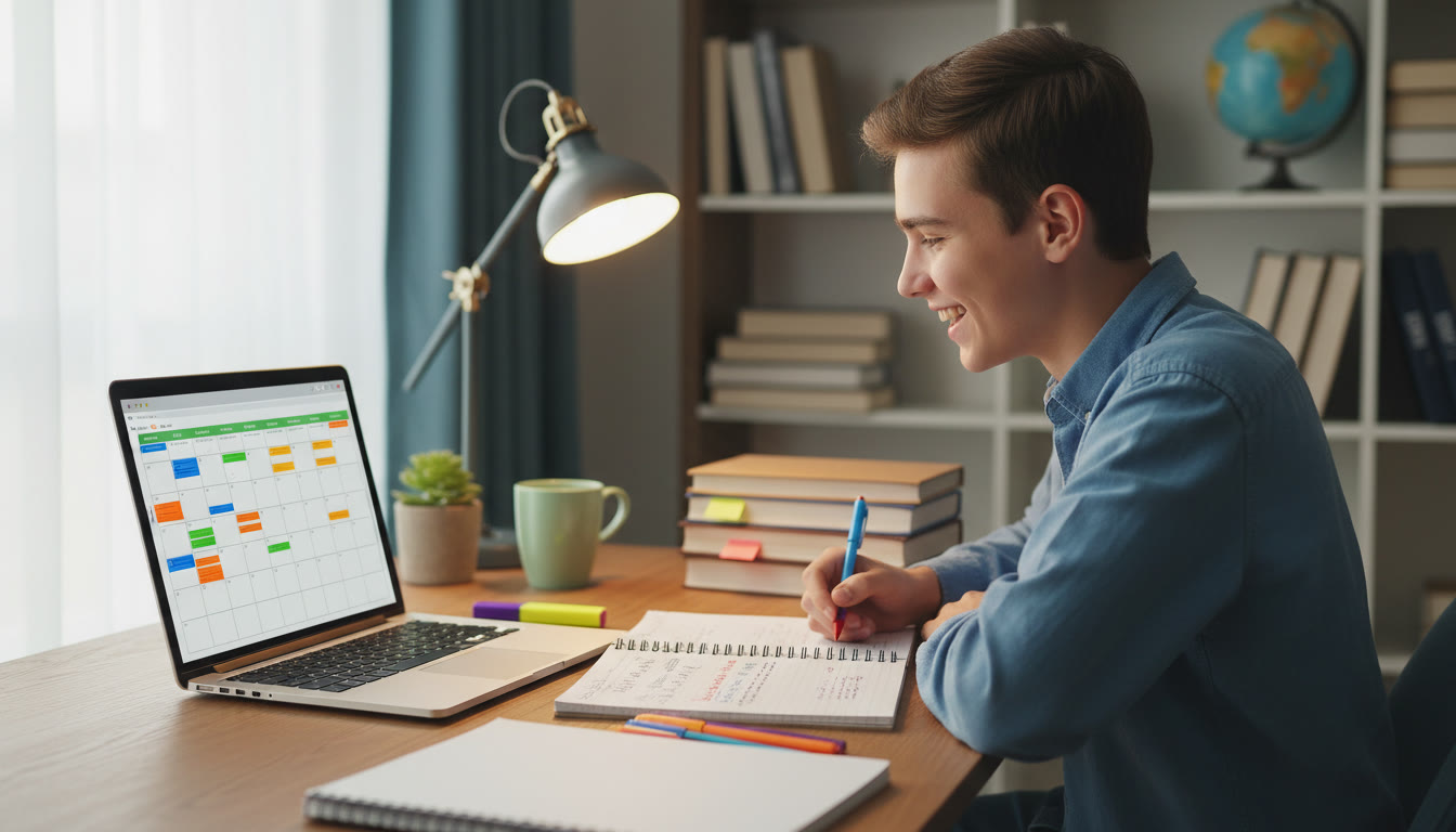 Photo Idea : A focused student at a desk with color-coded notes and a laptop open to a study planner