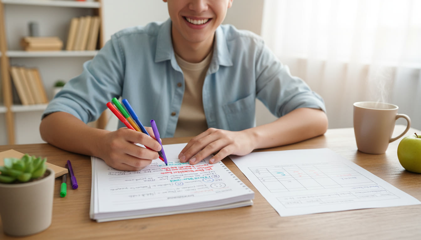 Photo Idea : A student marking a past paper with colored pens and a neat correction sheet nearby.