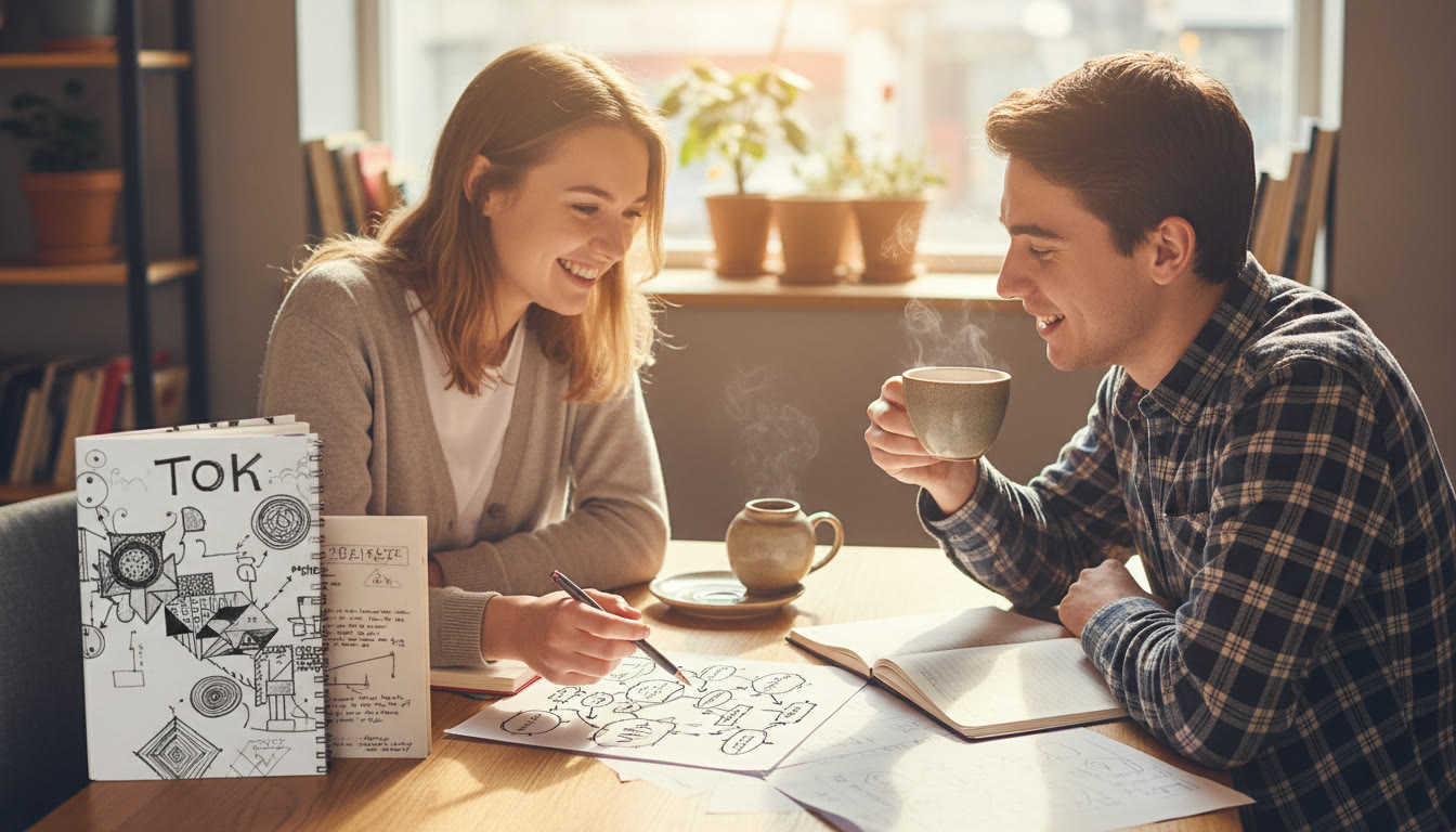 Photo Idea : two students discussing notes and diagrams over a tea cup, a TOK notebook visible