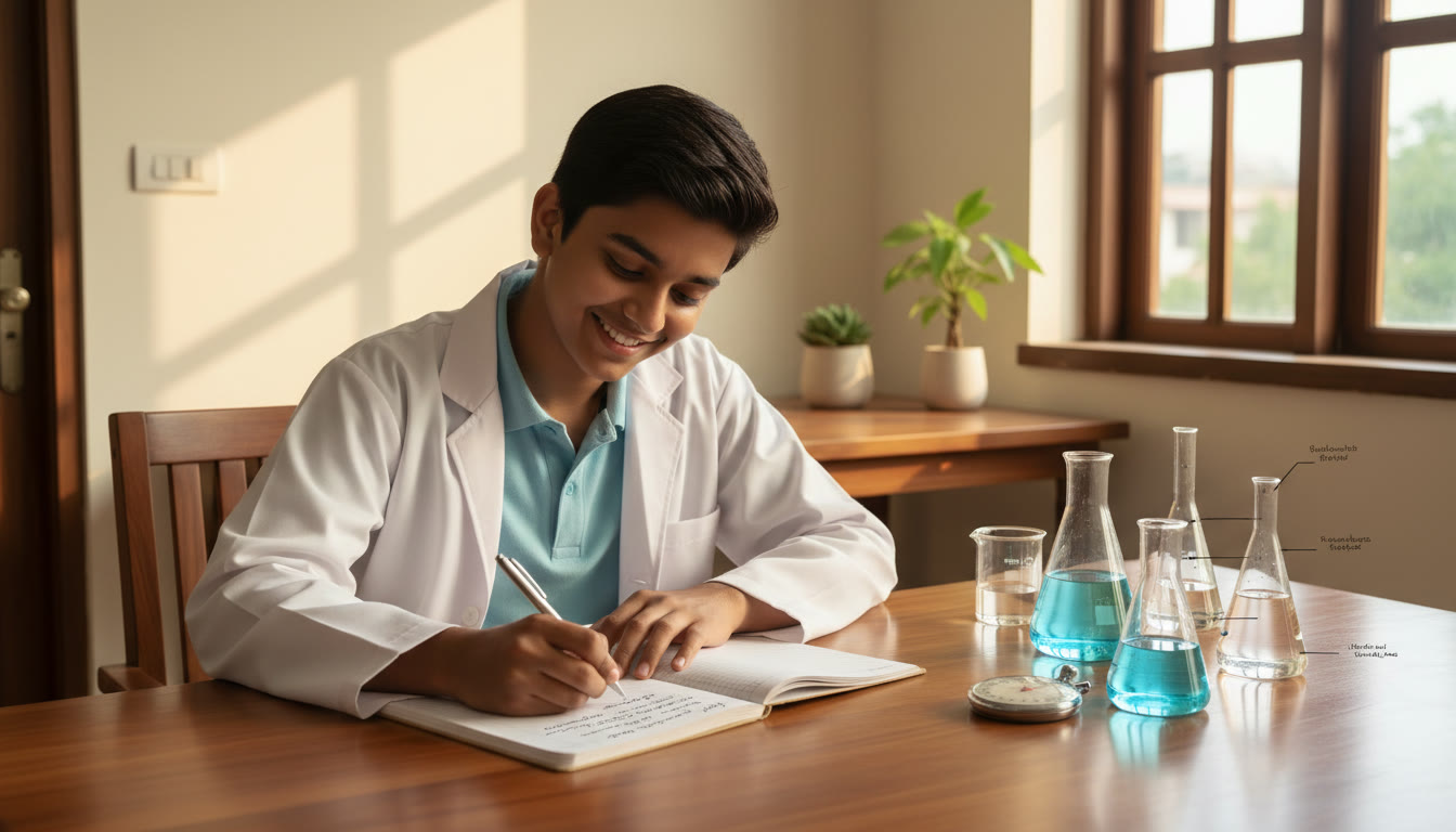 Photo Idea : A student in a school lab carefully writing a neat lab record with labelled beakers and a stopwatch nearby