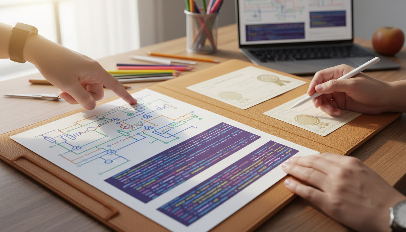 Photo Idea : Close-up of a student portfolio showing code snippets, project diagrams, and certificates
