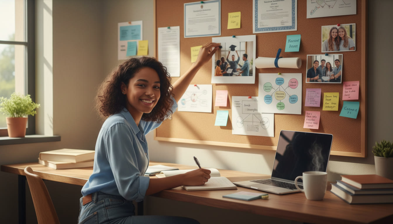 Photo Idea : A student arranging photos, certificates, and notes on a desk while writing in a notebook