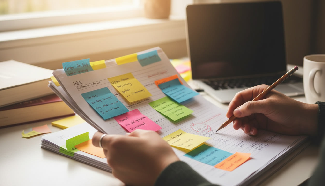 Photo Idea : Close-up of a student reviewing multiple draft pages with colored sticky notes