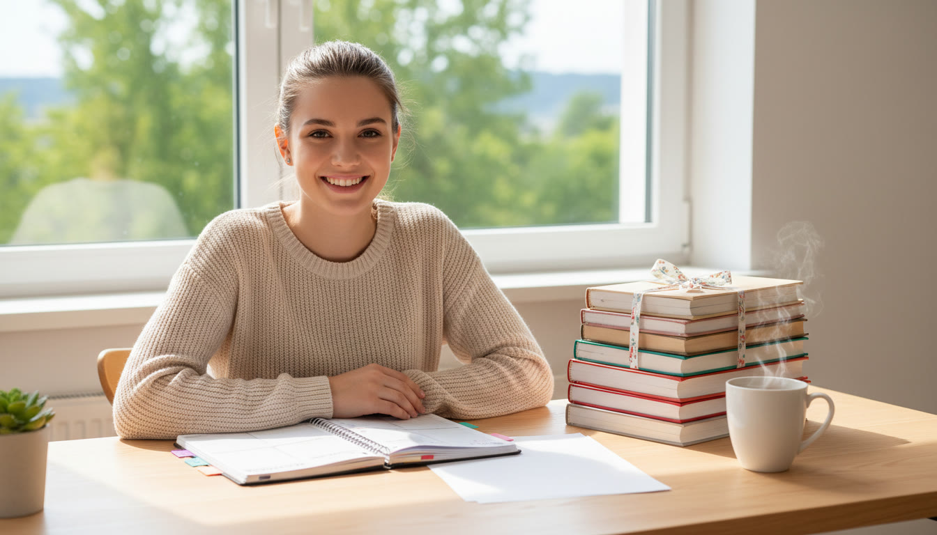Photo Idea : A student at a desk with a tidy planner, textbooks stacked, and a mug of tea — natural light from a window.