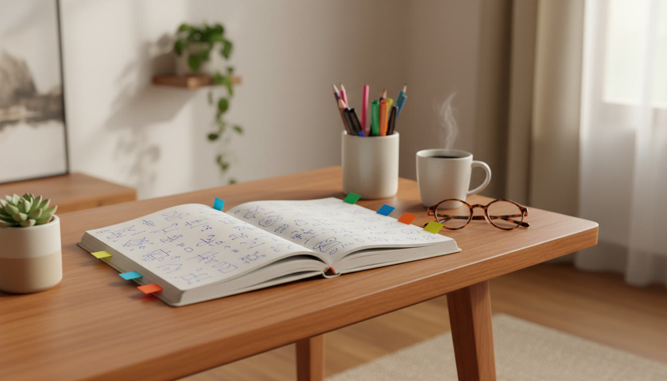 Photo Idea : A neat error-log notebook open on a desk with colored tabs and short handwritten notes