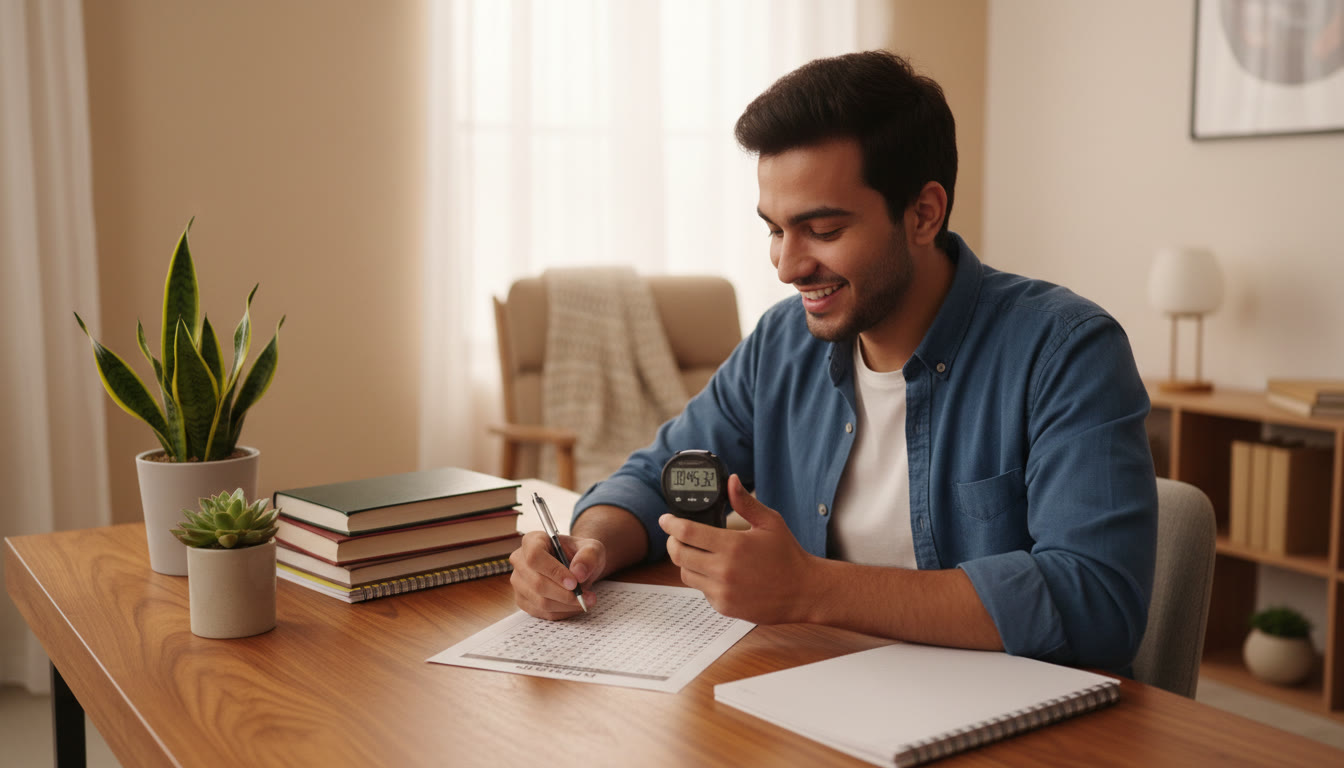 Photo Idea : A student timing themselves with a stopwatch while marking answers on a practice OMR sheet