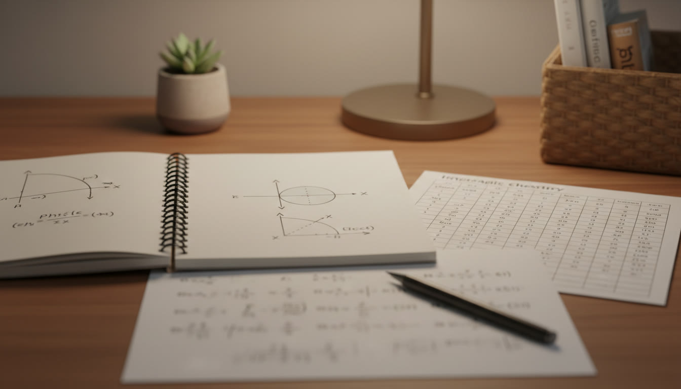 Photo Idea : close-up of a notebook with neat physics diagrams, tabular inorganic notes, and a sheet showing mathematics problem-solving steps