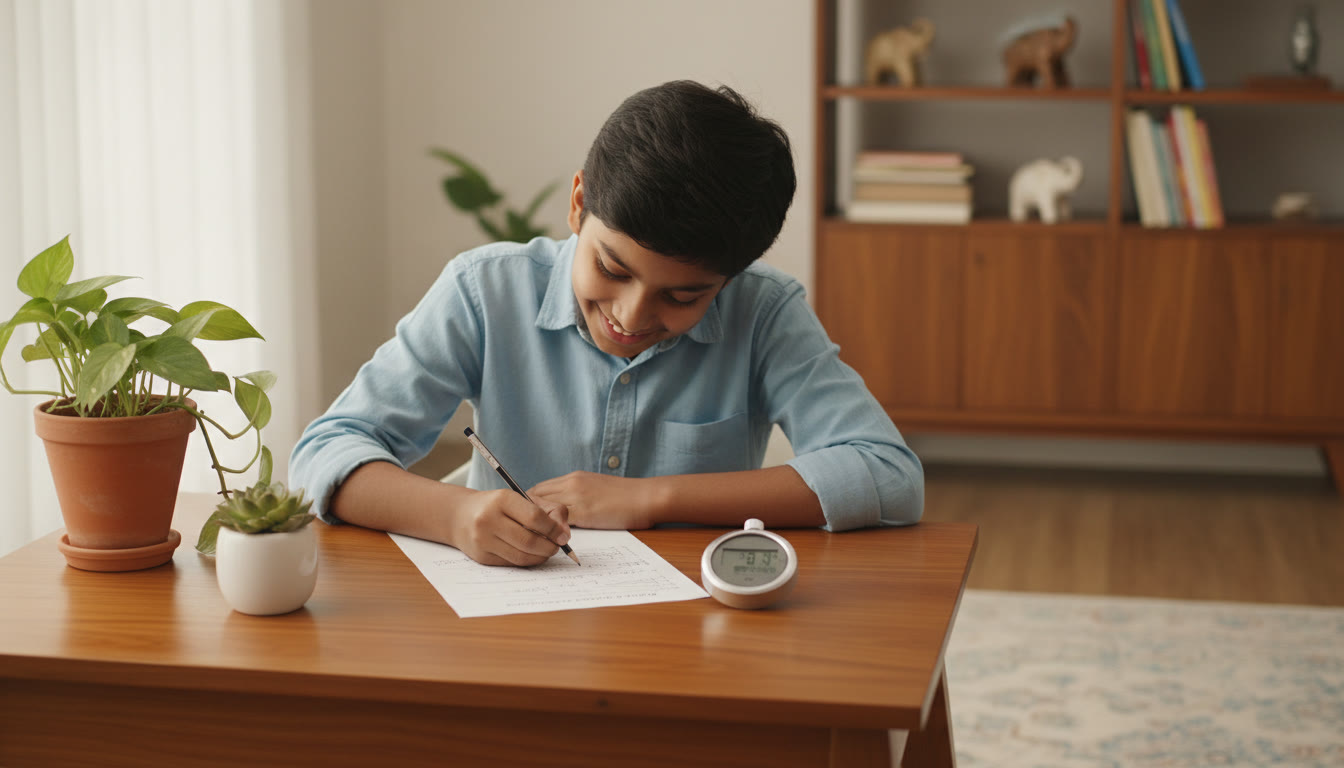 Photo Idea : A student practicing on an answer sheet with a pencil and stopwatch, simulating an exam setting.