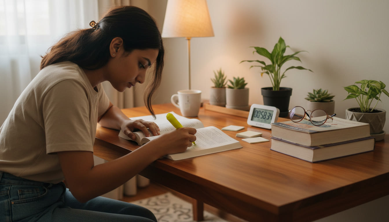 Photo Idea : A focused shot of a student studying with NEET books spread out, a highlighter and timer on the desk