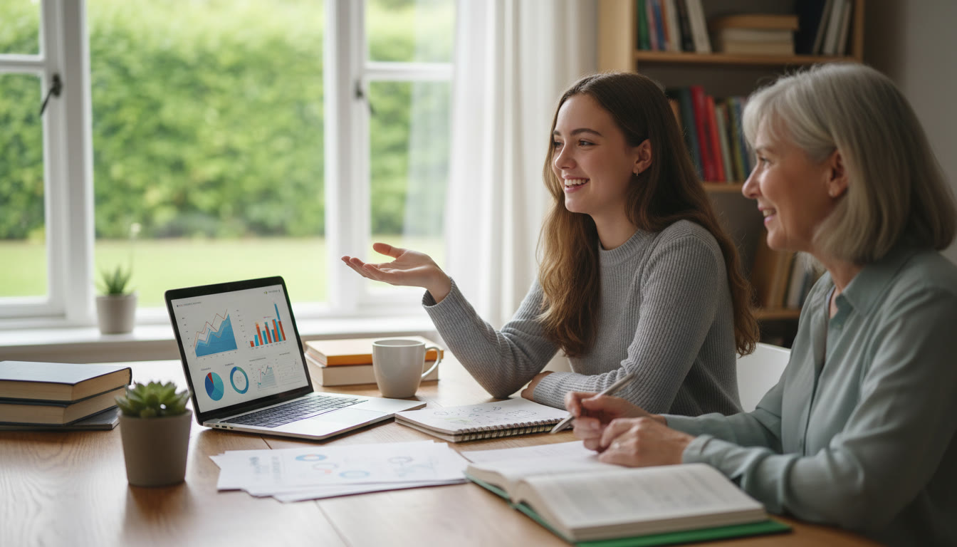 Photo Idea : Student practicing an interview with a tutor in a quiet study room, notes and laptop visible