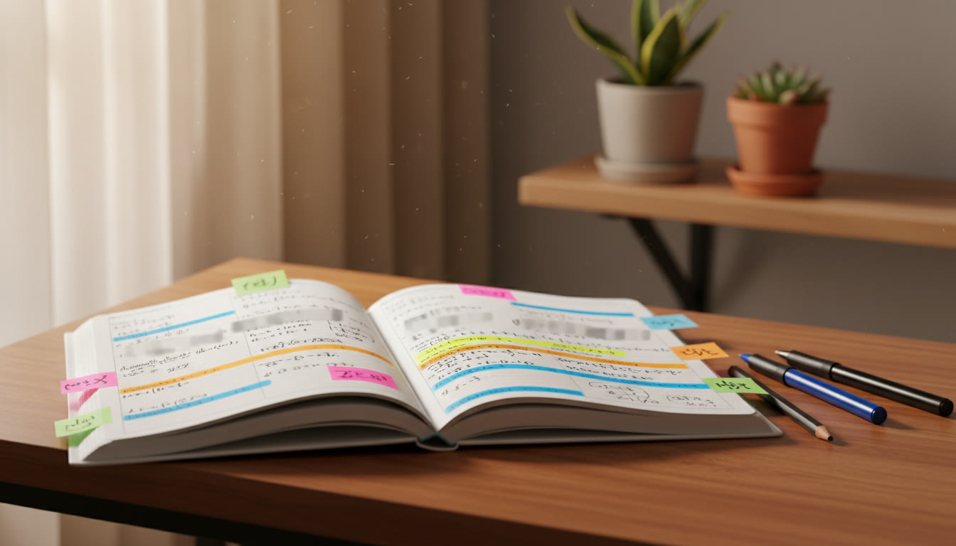 Photo Idea : Close-up of a student’s error log notebook with colored highlights and sticky notes