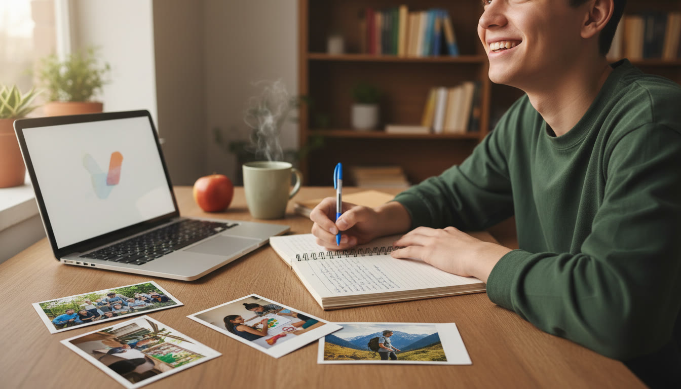 Photo Idea : A student sitting at a desk writing a CAS reflection in a notebook, with a laptop and photos of activities scattered nearby