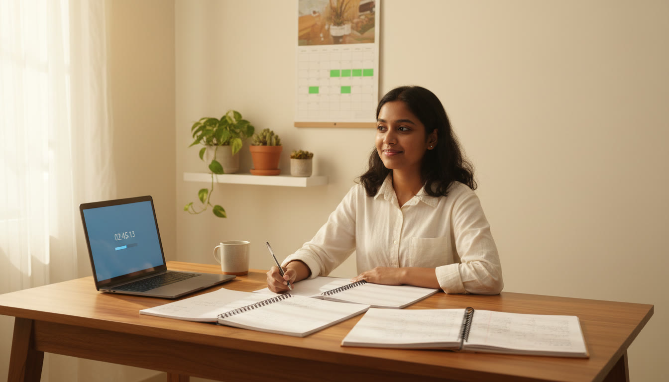 Photo Idea : A focused student at a tidy desk with open notebooks, a wall calendar marked for the final 3 months, and a laptop showing a mock test timer