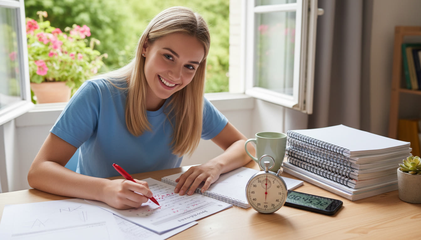 Photo Idea : A student marking a past-paper under timed conditions with a stopwatch beside them.