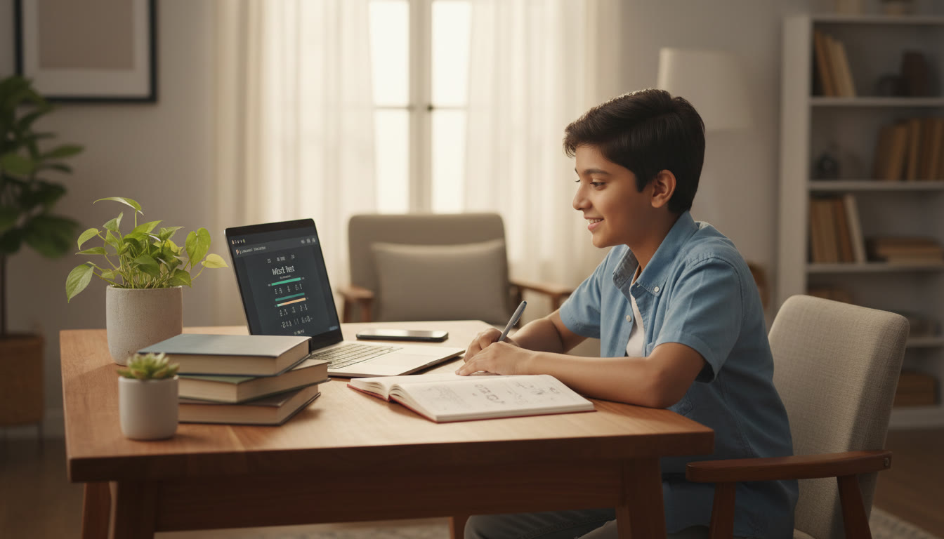 Photo Idea : A focused student at a desk with a laptop showing a timed mock test on the screen and a notebook beside it
