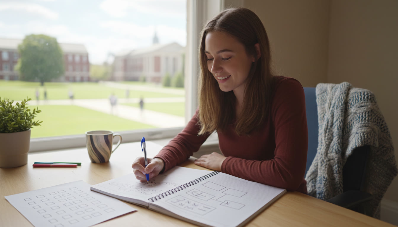 Photo Idea : student calmly annotating an essay draft with a list of command words and checkboxes